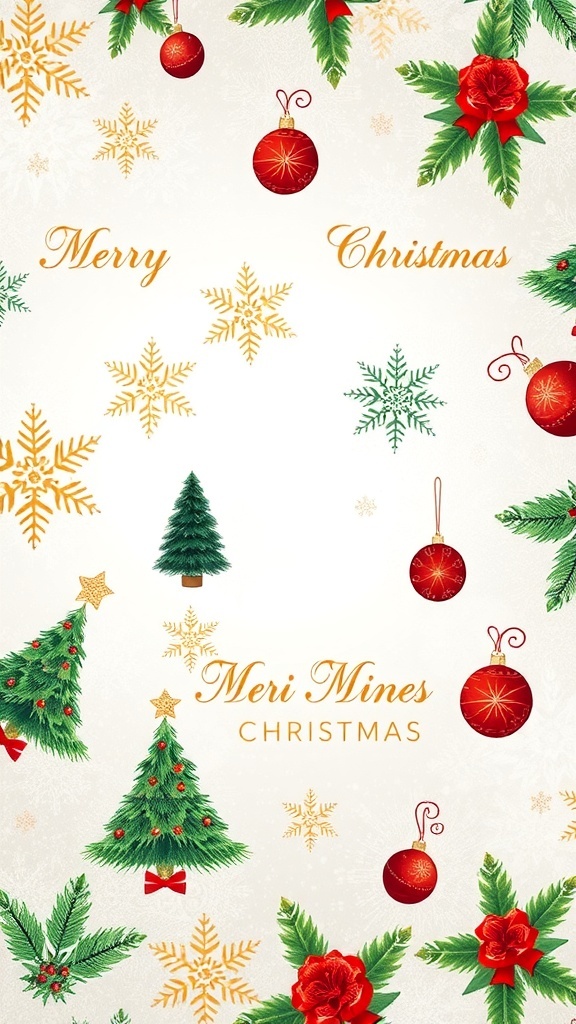 Festive Christmas wallpaper with snowflakes, trees, and ornaments in red, green, and gold.